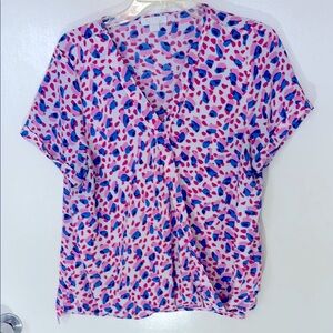 Finn & Grace Pink , Blue & White Patterned Top, v-neck, cross-over front, size L